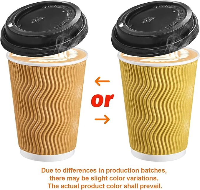 SIUQ 12 oz Coffee Cups-90 Pack Disposable Coffee Cups with Lids and Straws Insulated Ripple Wall To Go Paper Coffee Cup for Coffee Hot Chocolate and Hot Tea Drinks - Champagne