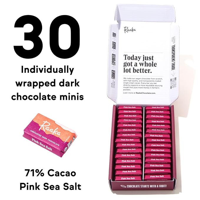 Raaka Pink Sea Salt Chocolate Gift Box | 71% Cacao Dark Chocolate | Organic Vegan Gluten Free | Box of 30 Individually Wrapped Chocolates