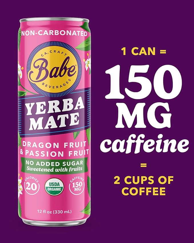 Babe Organic Yerba Mate Energy Drinks | 150mg Plant-Based Caffeine | Natural Yerba Mate Tea with No Crash No Jitters (Dragon Fruit &amp Passion Fruit Zero Sugar)
