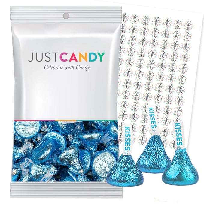 Blue Hershey's Kisses Plus Exclusive Free Celebrate Kiss Stickers by Just Candy 90 Pieces