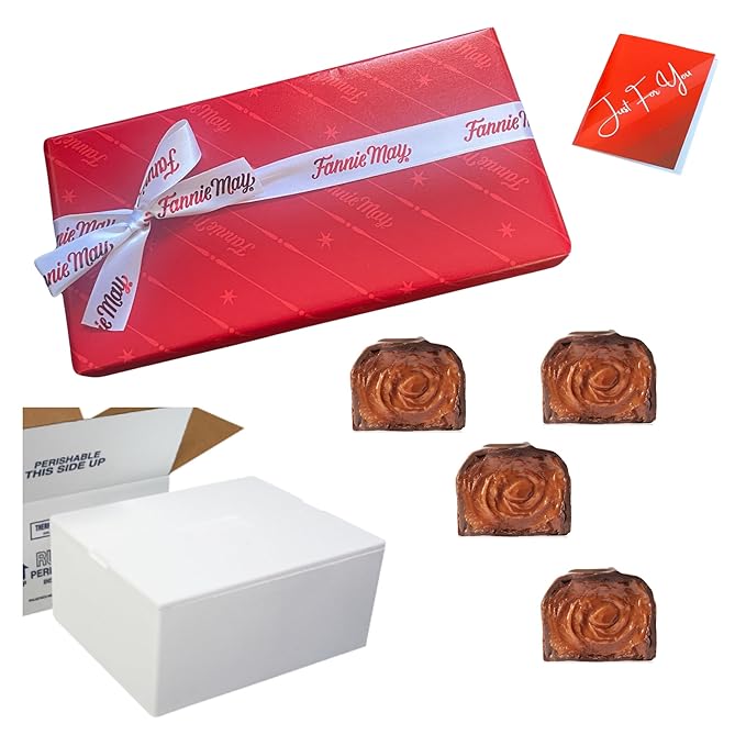 Fannie May Dark Chocolate Chocolate Buttercream (also known as Dark Chocolate Mays) 1 lb. with Insulated Shipper &amp Gift Tag &amp Wrap Basket Bundle