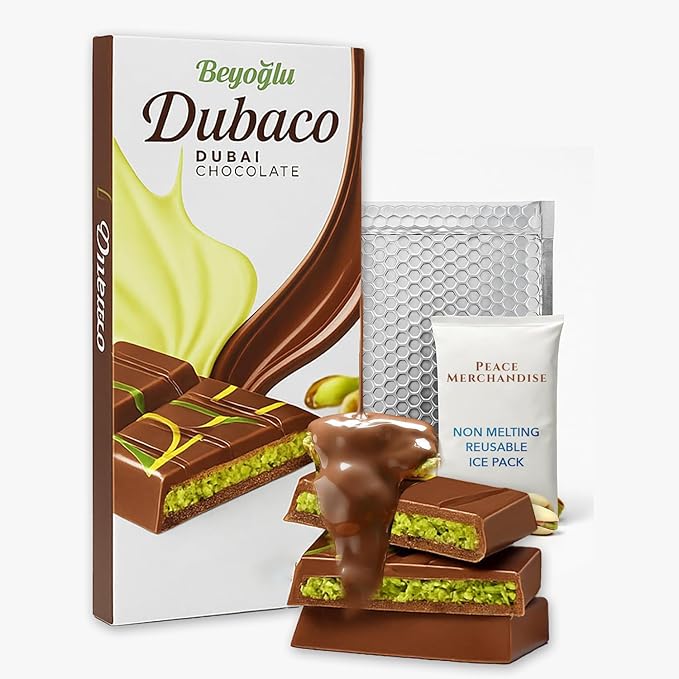 Beyoglu 200g Dubaco Pistachio Kataifi Milk Chocolate Bar – Luxury Dubai Chocolate – Ships in Cold with Peace Merchandise Thermal Bubble Mailer with Non-Melting Ice-Brix – Gourmet Snack Made in Turkiye