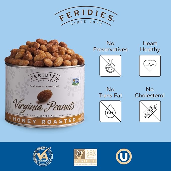 FERIDIES Honey Roasted Extra Large Giant Virginia Peanuts 18oz Vacuum Can Gourmet Snack 18oz (Pack of 1)