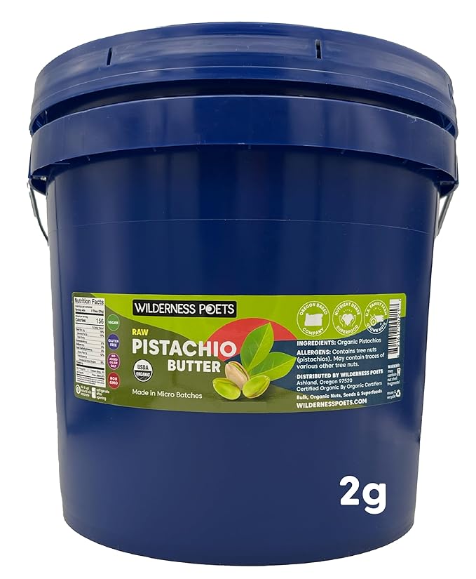 Wilderness Poets Pistachio Butter - Organic Raw 100% Pistachio (272 Ounce - 17 Pound - 2 Gallon) - Perfect for Dubai Chocolate Bar Desserts with Kataifi or Savory Creations - Unsweetened Californi