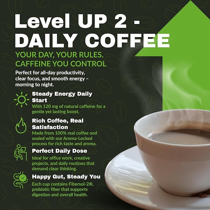 Level Up Premium Decaf Instant Coffee Sugar Free 30 Servings 10.58 oz (L2 - DAILY 120MG)