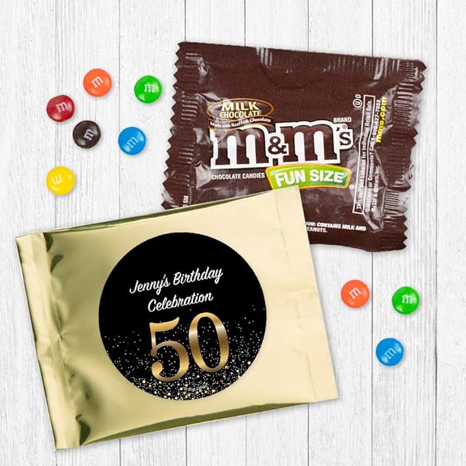 12ct Personalized 50th Birthday M&ampM's Candy Favors Fun Size Candy Bags (12 Pack) - Gold Foil - (3 x 4in) Milk Chocolate Party Supplies