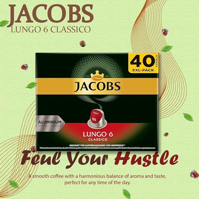 Jacobs Lungo 6 Classico 5x40 CAPSULES Coffee Capsules Compatible with (049 USD/1 CAP)
