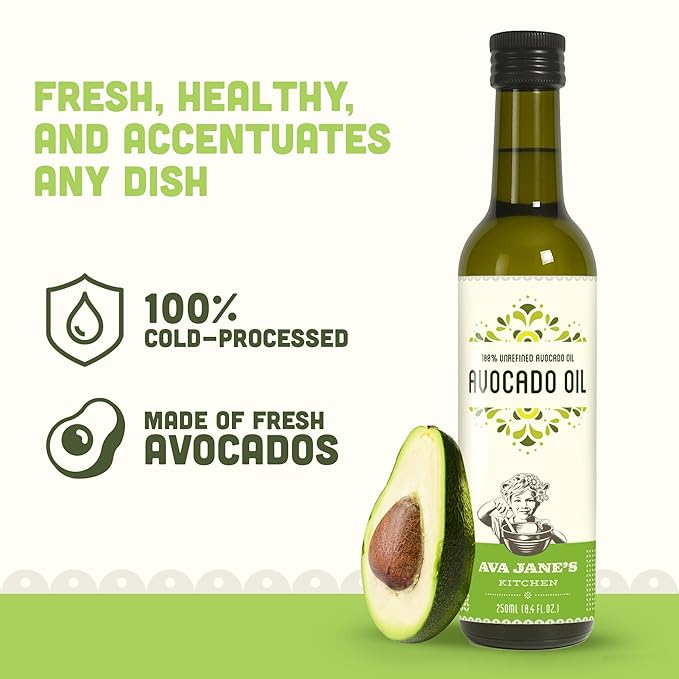 AVA JANE'S KITCHEN - Extra Virgin Avocado Oil - 100% Cold Pressed Natural &amp Unrefined - 480°F High Smoke Point Rich in Potassium &amp Vitamins - Creamy &amp Buttery Taste - 2 Bottle Pack 8.4