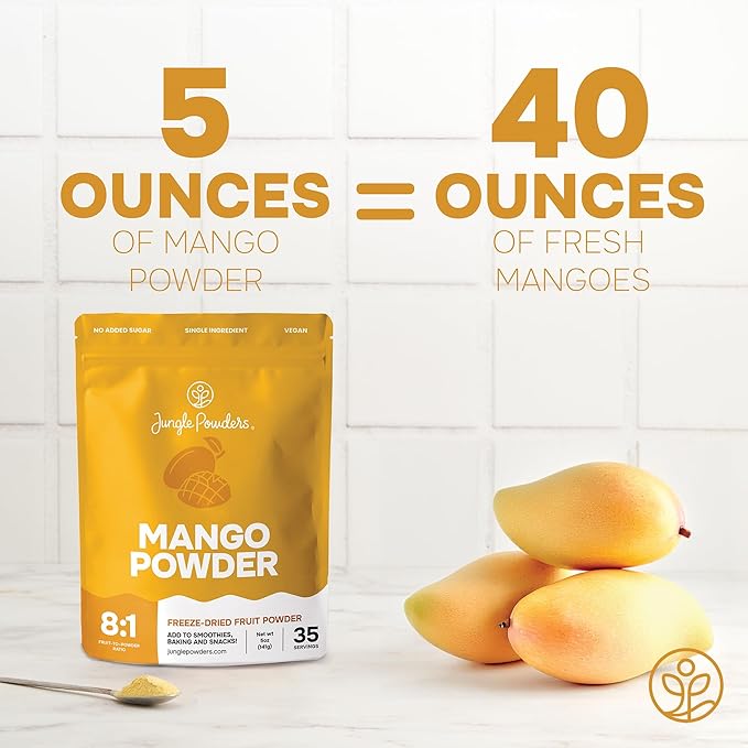 Jungle Powders Freeze Dried Mango Powder 5 Ounce Bag Dehydrated Mango Extract For Baking No Sugar Added Dry Mango Powder Additive Free Mangoes Whole Fruit Dried Mango Juice for Smoothies &amp Flavori
