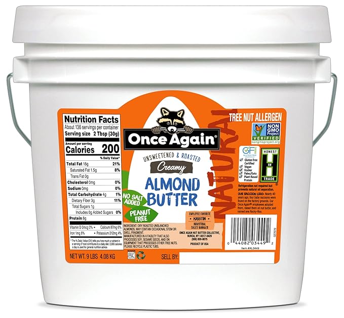Once Again Natural Creamy Almond Butter 9lbs (same as 9 jars) - Roasted - Salt Free Unsweetened - Gluten Free Certified Peanut Free Vegan Kosher Paleo