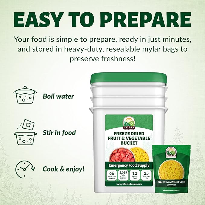 Valley Food Storage Freeze Dried Fruit &amp Vegetable Bucket | 12 Pouches Variety Pack | Non-GMO Premium Emergency Food Supply 25 Year Shelf Life | Prepper Food Supplies for Camping &amp Long-Term