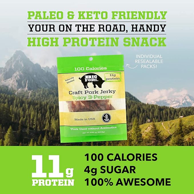 Big Fork Craft Pork Jerky – Spicy 3-Pepper Flavor | Bacon-Inspired Small-Batch Jerky Made from 100% Berkshire Pork | Keto Paleo Gluten-Free High-Protein Snack | 8 Bags (2.25 oz Each)