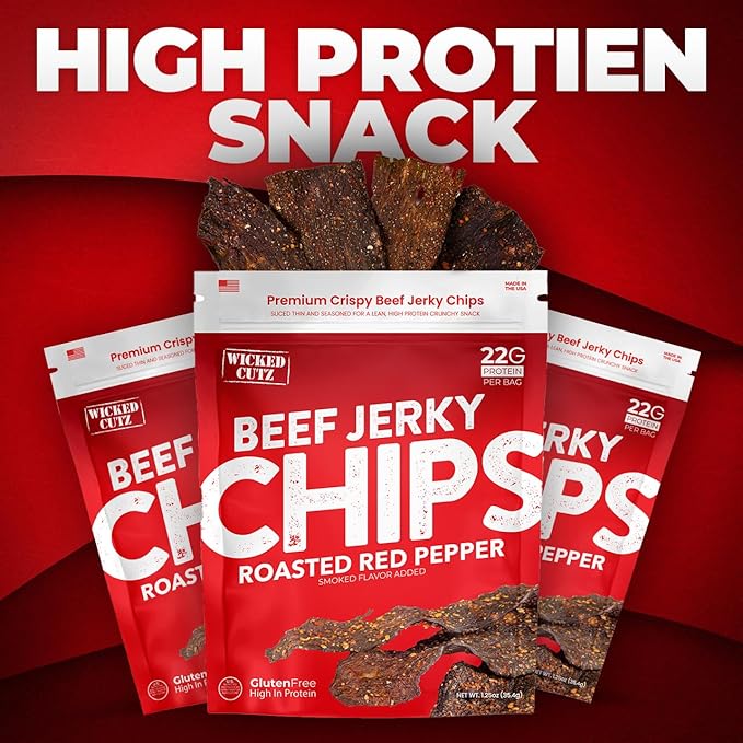 Wicked Cutz Roasted Red Pepper Beef Jerky Chips 22g Protein per Bag Crispy &amp Crunchy Beef Jerky Crisps USA Made Pepper Flavored Chips High Carnivore Snacks (2 Bags)