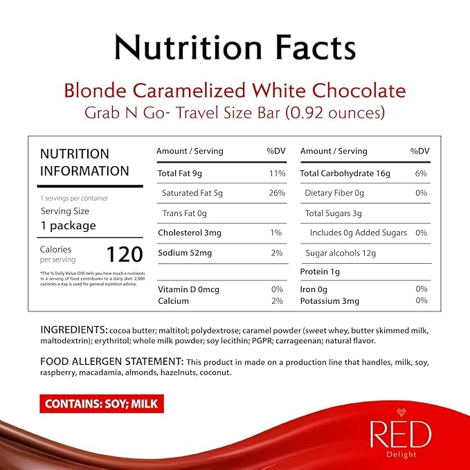 RED Delight®™ Blonde Caramelized White Chocolate 12 Count Box of Grab N Go Travel Size Bars (0.92 Ounces Each) with 14 Plush Teddy Bear (8 Boxes - Total of 96 Bars + 14 Plush Teddy Bear)
