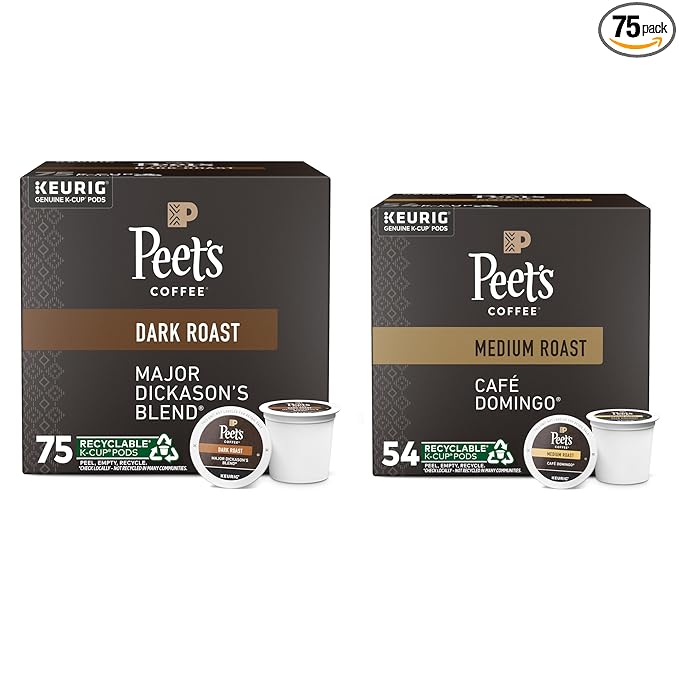 Peet's Coffee Medium and Dark Roast Keurig K-Cup Pods Bundle - Café Domingo 54 Count and Major Dickason's Blend 75 Count