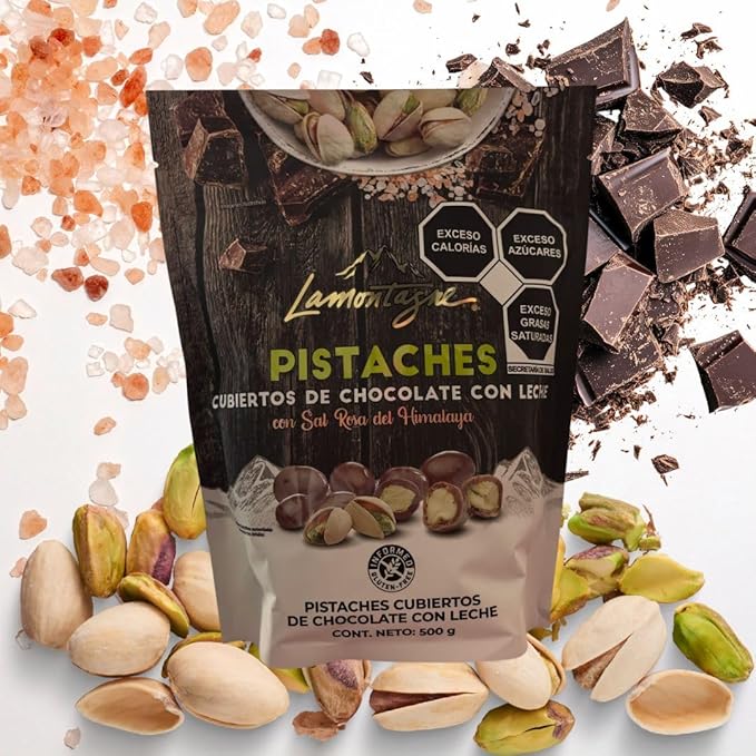 LAMONTAGNE Milk Chocolate Covered Sea Salt Pistachios with Pink Himalayan Salt 17.68 Ounce (500 g) + NAJD LLC Sticker + Reusable Ice Packs.