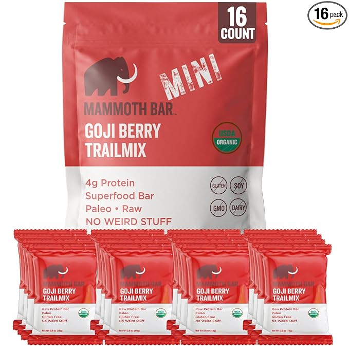 Mammoth Bar Goji Berry Trail Mix Mini Bar - Mini Organic Snack Bar Packed with 4g Protein. Made with Goji Berries Almonds Pistachios Sunflower Seeds &amp Egg White Protein. Paleo • Gluten Free • R