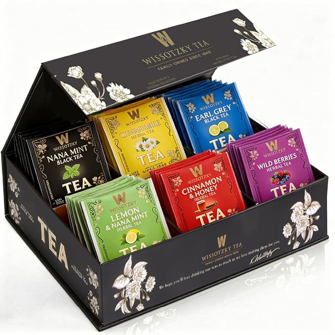 Wissotzky Artisanal Tea Chest Box Assorted Flavors of Black &amp Herbal Tea Bags (42 Tea Bags) 6 Flavors | Tea Sampler Variety Pack | Tea Gift Set | Individually Wrapped | Corporate &amp Holiday Gi