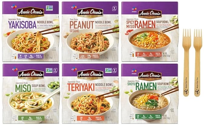 Annie Chun's Japanese Style Noodle and Soup Bowls Bundlle with Yakisoba Peanut Sesame Spicy Miso Ramen Miso Teriyaki Shoyu Ramen (Pack of 6) and Make Your Day Sporks