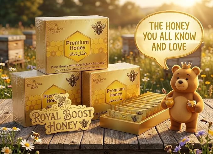 Royal Boost Honey Sachets Herbal Vitality &amp Energy Support Organic Honey with Bee Pollen &amp Herbal Blend Large Pack of 12 Sachets – Single Serve 20g Individually Sealed Honey Packs
