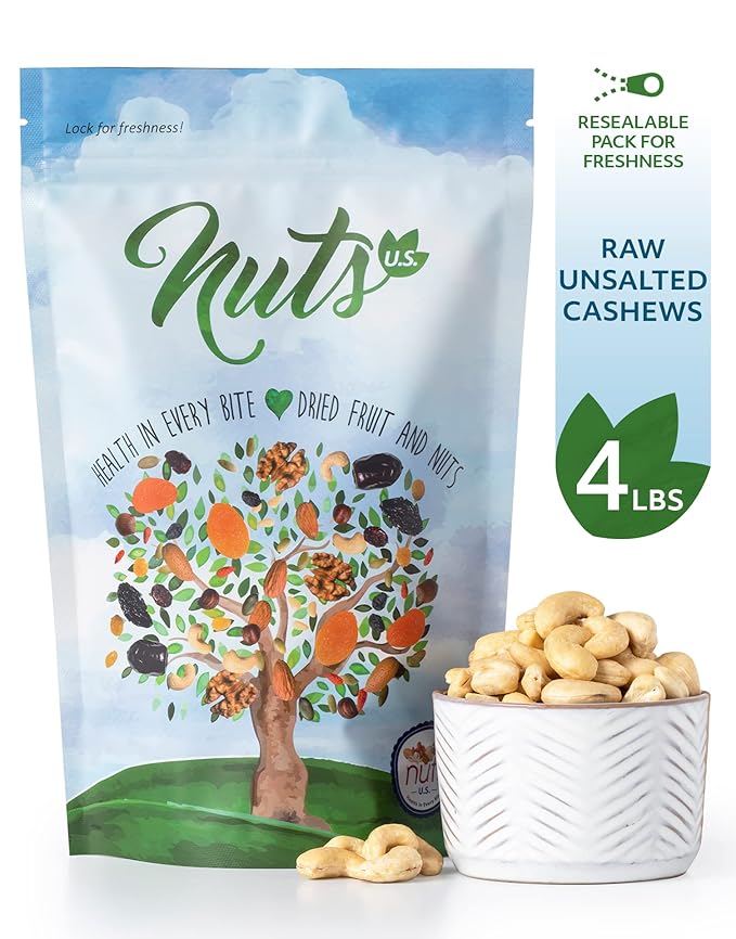 NUTS U.S. - Cashews | Raw and Unsalted | Whole Kernels and No Shell | Fresh &amp Unroasted | Natural Bulk Cashews !!! (4 LBS)