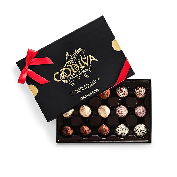 Godiva Red Ribbon Signature Truffle Gift Box Belgian Dark and Milk Chocolates with Ganache Centers Gourmet Valentine's Day Gift Kosher 15 Pc
