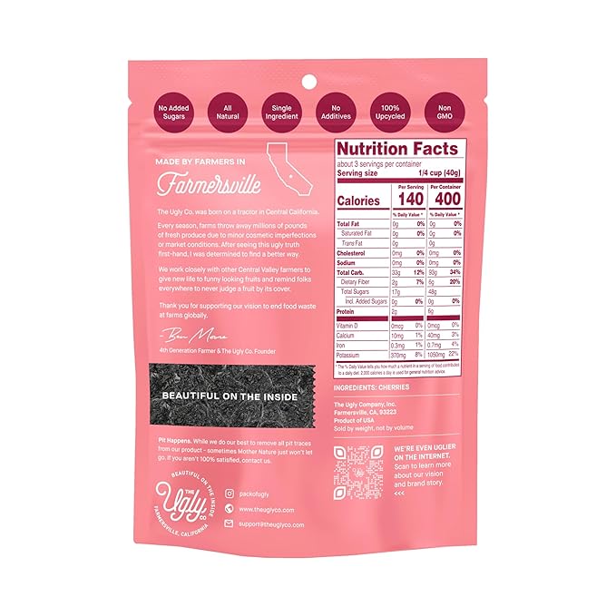 Hello! I’m Ugly Dried Cherries Unsweetened Fruit Snacks No Sugar Added Healthy Sweet Snacks Upcycled California Produce 4 oz Pack of 3