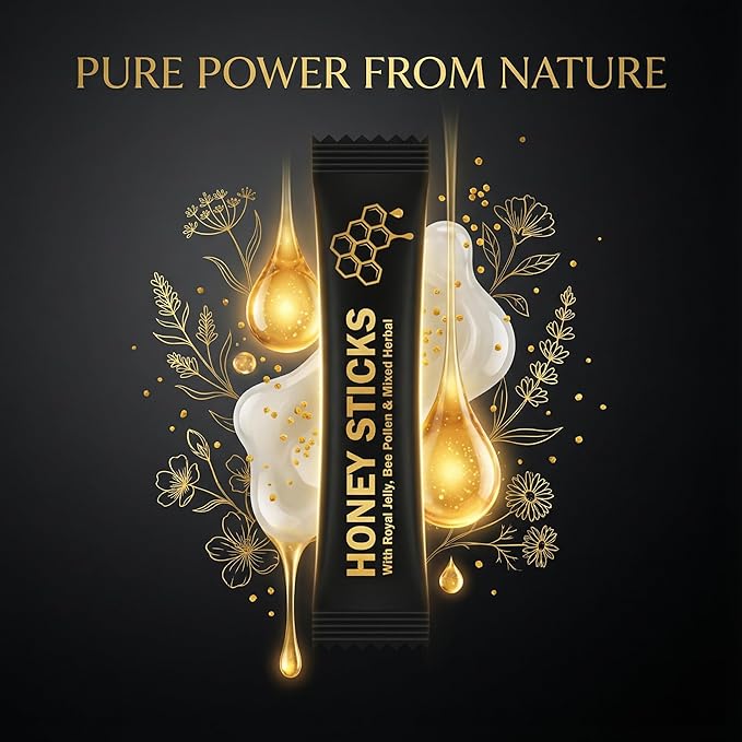Organics Honey Sticks - Black Honey for Men Natural Energy &amp Vitality Packs Made from Royal Jelly Bee Pollen &amp Powerful Herbal Extracts Male Wellness &amp Daily Support - 10 Sticks