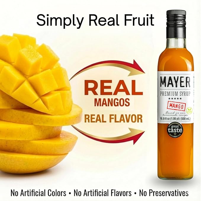 Mayer Mango Syrup for Drinks &amp Cocktails – Handcrafted in Hungary Natural Mango Flavoring Syrup – Handcrafted with 100% Real Fruits for Martini Mocktail Smoothie Lemonade Pancakes Ice Cream