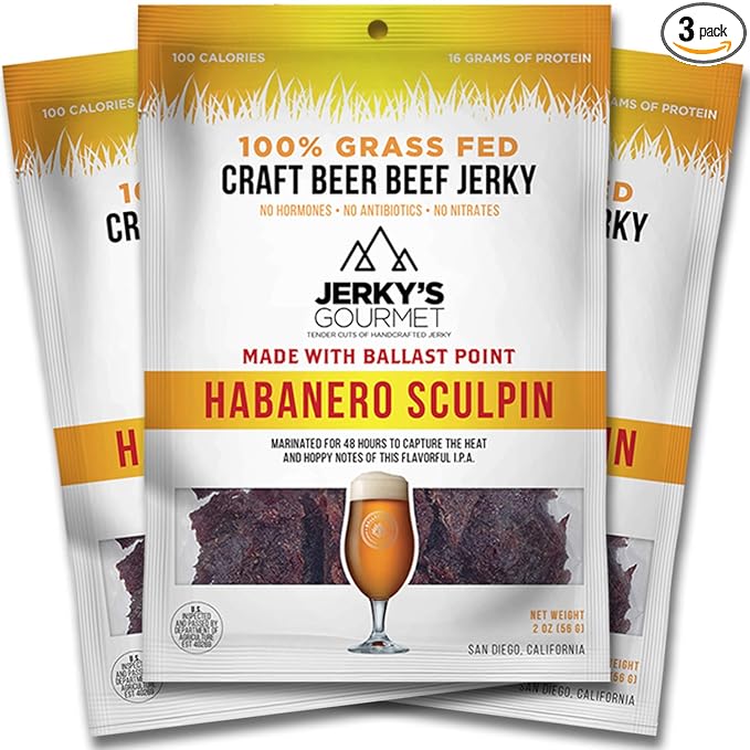 Habanero Sculpin Craft Beer Grass Fed Beef Jerky - 100 Calorie Snacks Gourmet Healthy Low Carb High Protein - Keto Friendly (3 Packs)