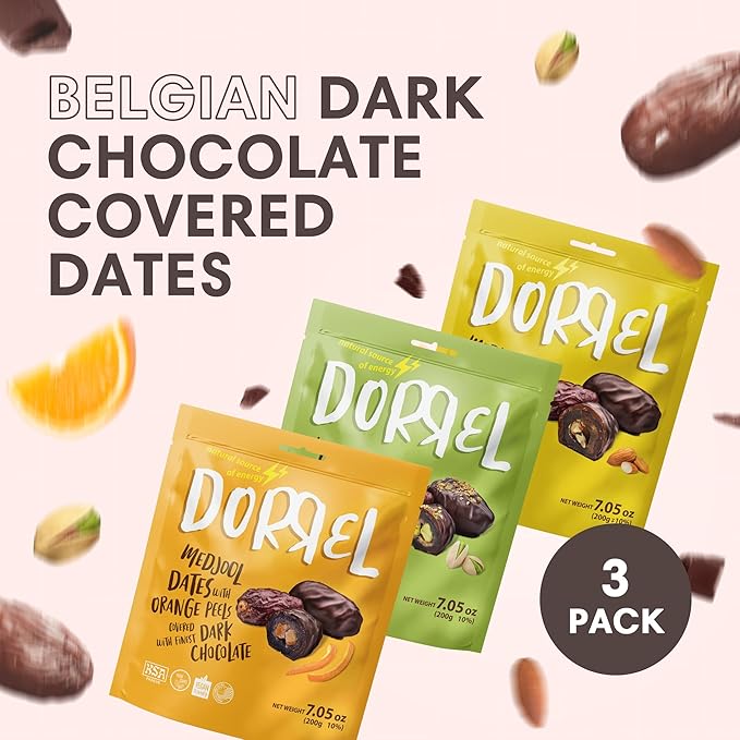 DORREL - Trio Bundle Pack: Belgian Dark Chocolate Covered Dates Medjool with Candied Orange Peels Salted Almonds &amp Pistachio Stuffing High Energy Kosher Non-GMO Choco Snack Pack of 3 7.05 oz Ea