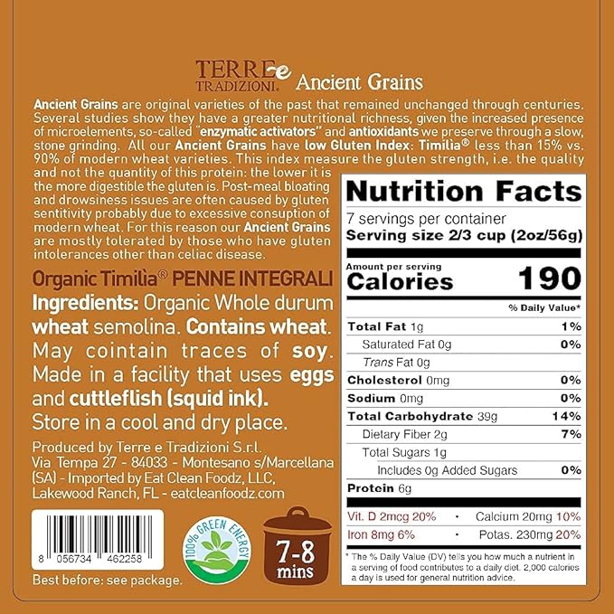 Tere e Tradizionni Organic Timilia/Tumminia Low-Gluten Index Whole Wheat Penne Pasta - Ancient Grains Grown in Sicily Italy - Al Dente Texture - Non-Gmo - Lower Carb - No Sugar Added - High in Fiber a