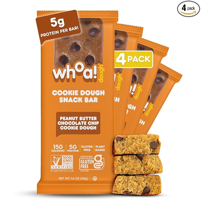 Whoa Dough Edible Cookie Dough Bars- Certified Non-GMO Kosher and Gluten Free Bars - Healthy Snack Foods - Plant Based Snacks - Peanut Butter Chocolate Chip Cookie Dough - 4 Pack