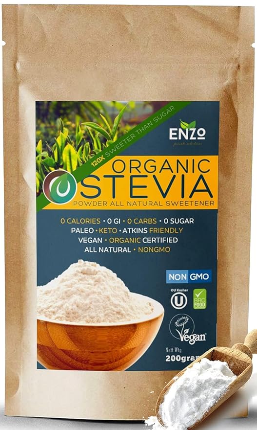 Enzo Easy Use Organic Stevia Powder 200g (7.05oz / 1600 Servings) All Natural Alternative Sweetener 12 x Sweeter than Processed Sugar with No Artificial Additives &amp Fillers