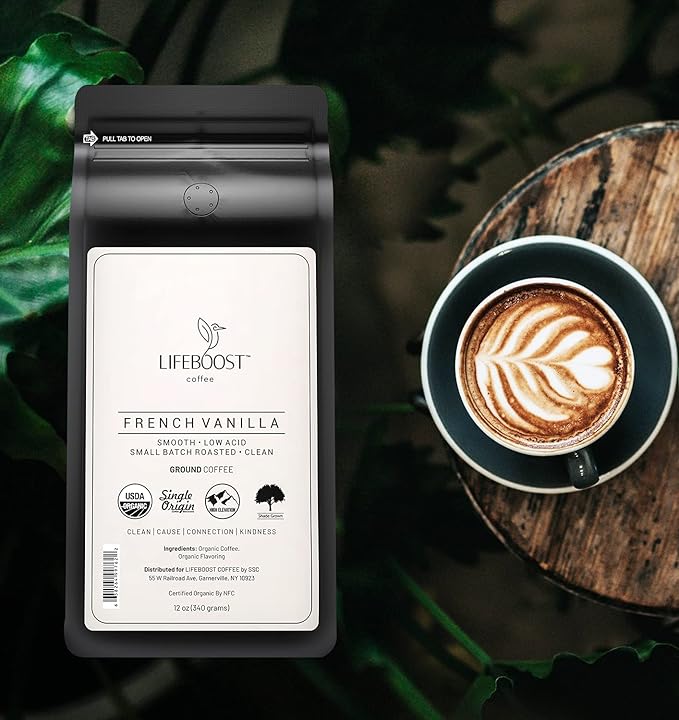 Lifeboost French Vanilla Ground Coffee - Non-GMO Low Acid Single Origin USDA Organic Coffee - Third Party Tested For Mycotoxins &amp Pesticides - 12 Ounces
