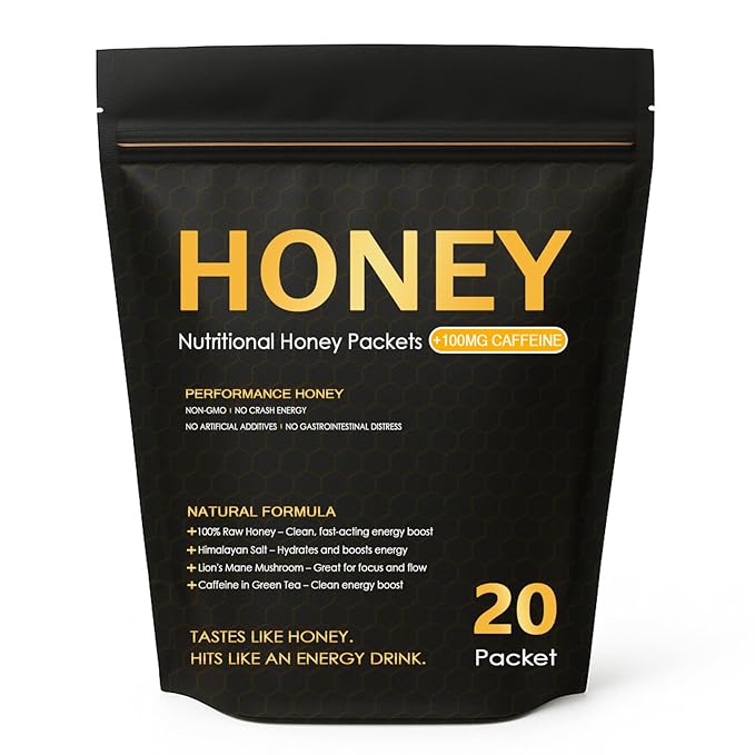 Nutrition Honey Packets - Nutritional Raw Honey 100mg Caffeine With Lions Mane Mushroom Green Tea Caffeine Himalayan Salt Boost Energy &amp Keeps Focused 100% Natural