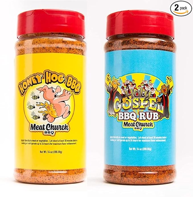 Meat Church BBQ Rub Combo: Honey Hog (14 oz) and Holy Gospel (14 oz) BBQ Rub and Seasoning for Meat and Vegetables Gluten Free One Bottle of Each