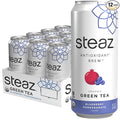 Steaz - Organic Green Tea - Blueberry Pomegranate (12 Pack) - Antioxidant Brew - 65mg Natural Caffeine 90 Calories Vitamin C - Cane Sugar Sweetened Iced Tea - Vegan - 12 Cans 16 fl oz (473mL)