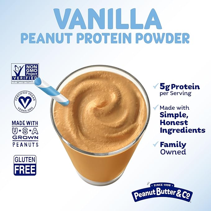 Peanut Butter &amp Co. Vanilla Peanut Powder 5g Protein 0g Sugar Added 50 Calories per Serving 90% Less Fat Non-GMO Project Verified Vegan &amp Gluten Free Peanut Butter Powder 6.5 oz Jars (P