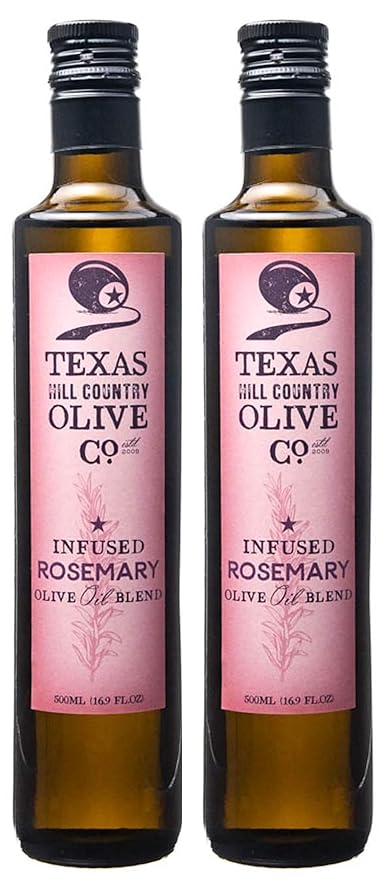 Texas Hill Country Olive Co Rosemary Infused Olive Oil - Cold Pressed Gourmet EVOO Olive Oil - Great for Dressing Dipping Marinade - No Artificial Flavors or Added Sugar - Made in Texas (16.9 oz 2 Pa