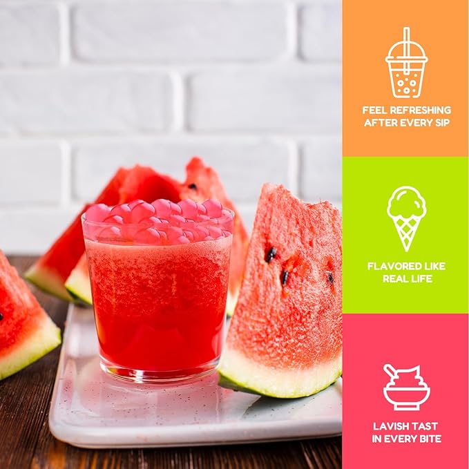 Fanale Watermelon Popping Boba Pearls Vegan Non GMO Gluten Free Fat Free Perfect for Bubble Tea Smoothies Ice Cream Desserts and Beverages.