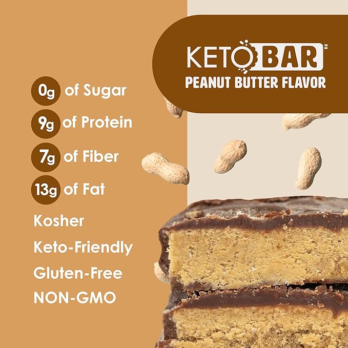 No Sugar Keto Bar Snack - Low Carb No Sugar Keto Snack Food with Keto Friendly Macros (12 x 1.41oz Bars Peanut Butter)