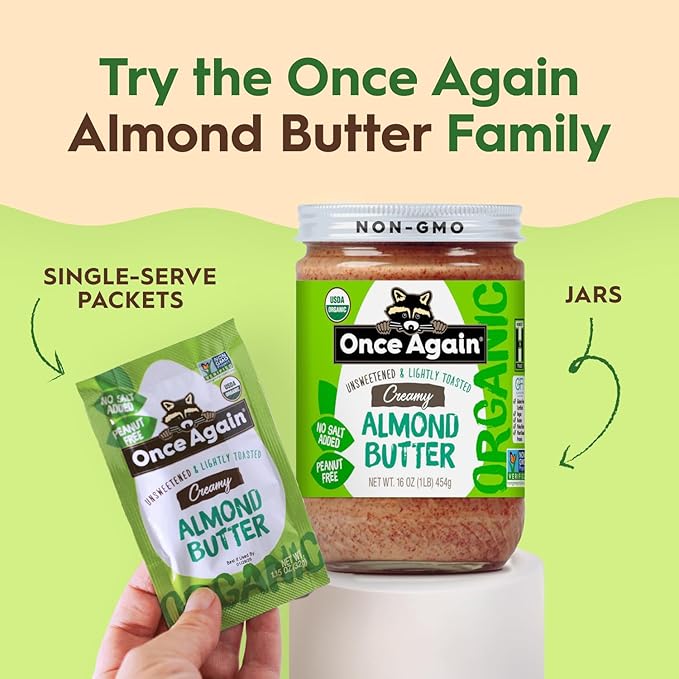 Once Again Creamy Organic Almond Butter No Sugar Lightly Toasted - Single Ingredient Nut Butter No Palm Oil No Salt - Glass Jar Non-GMO Gluten Free Vegan (6-Pack 16 oz Glass Jars)