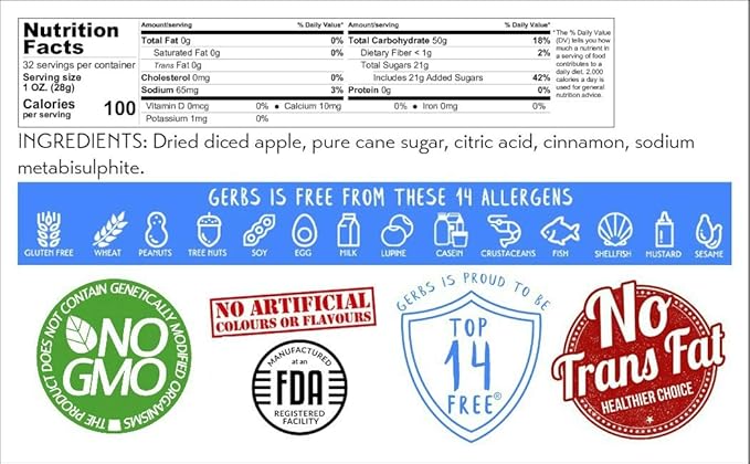 Gerbs Dried Cinnamon Sugar Apple Cubes 2 lbs. | Unsulfured No Artificial Additives Resealable Bag | Naturally Sweet &amp Spiced | Top 14 Allergen-Free