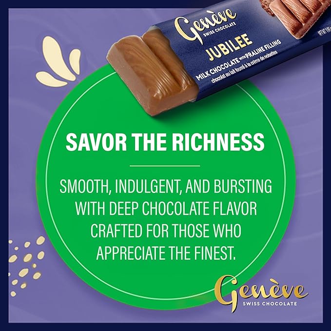 Genève Swiss Milk Chocolate Bars with Praline Filling 1 oz (12 Pack) | Geneve Jubilee | Individually Wrapped | Rich &amp Creamy | Kosher (including Passover)