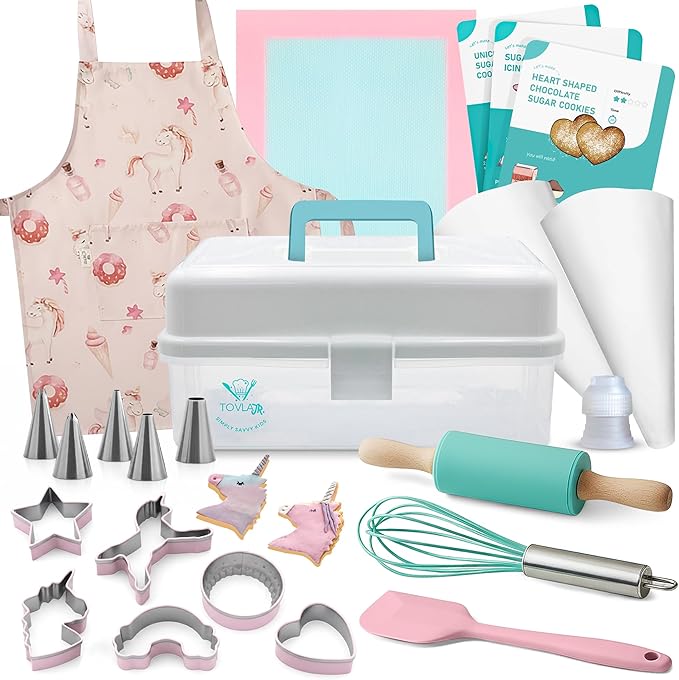 Tovla Jr. Kids Baking Gift Set with Storage Case - Unicorn Baking Gift Set for Kids-Real Cooking Utensils for Cookie Cupcakes and Decorating