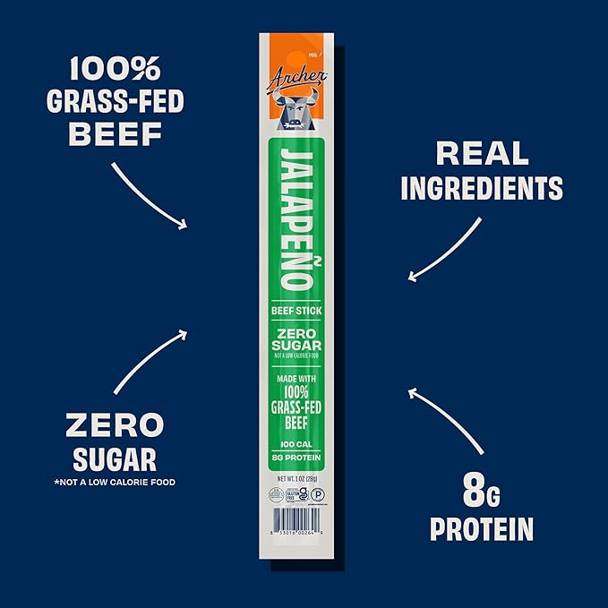 Archer Jerky Beef Jerky Sticks Jalapeno - Grass Fed Beef Sticks Individually Wrapped Bulk Protein Snack Packs Gluten Free Paleo Keto Sugar Free - 1 oz Each (Pack of 18)