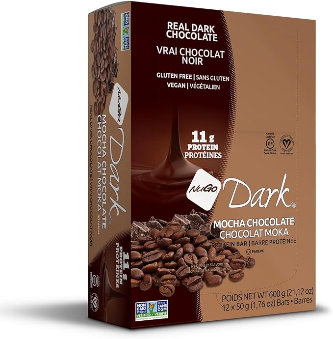 NuGo Dark Chocolate Mocha 11g Protein Bar Vegan Gluten Free Non-GMO Kosher Pareve 12 Count