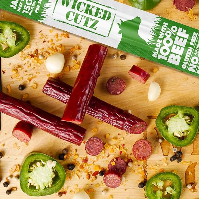 Wicked Cutz Beef Sticks Variety Pack | 4 Flavors up to 15g Protein Per Meat Stick | Extra Large Tender Easy to Chew USA Made High Protein Carnivore Snacks | Unique Gifts for Men (48 Pack)