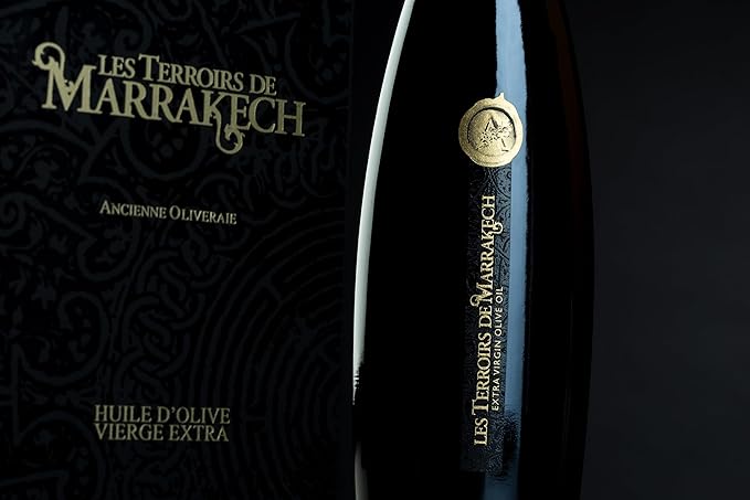 Olive Oil Gift Box of Les Terroirs De Marrakech Gourmet Extra Virgin Olive Oil Polyphenol Rich Moroccan Cold Pressed EVOO Oil Keto Organic USDA Certified Carbon Neutral 8.5 fl oz. Gift Bottle
